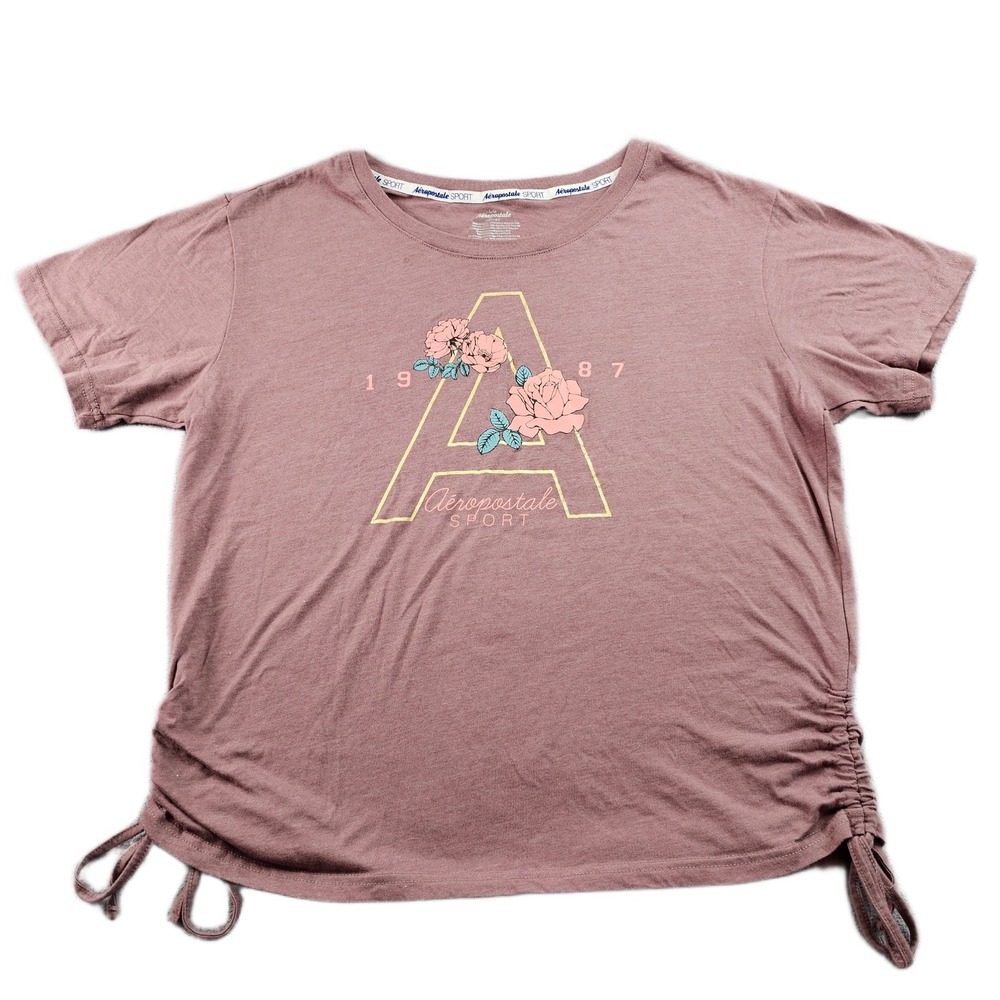 Aeropostale Sport T-Shirt Top Womens L Mauve Floral Graphic Ruched Side Pullover